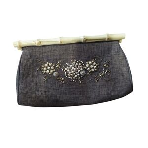 Beaded Floral Fabric Clutch With Bamboo Accent
